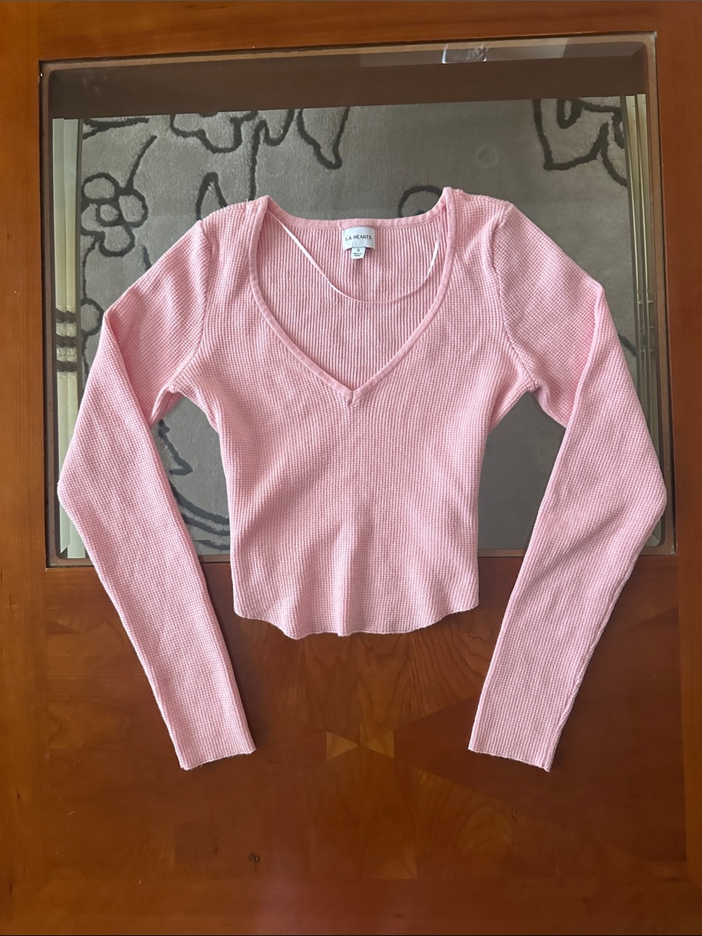 Pacsun LA Hearts Pink Ribbed V-Neck Long Sleeve Top